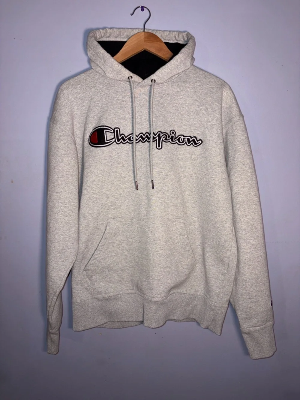 Champion Light Heather Gray Pullover Hoodie with Script Logo - Picture 1 of 3